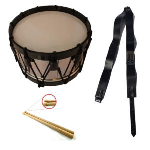 TAMBOR REGLAMENTARIO AROS DE PLASTICO NEGRO VASO DE ACERO PORTACAJA DE PIEL