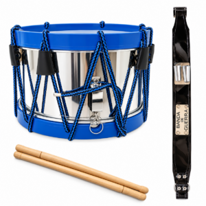 TAMBOR KINDER AROS DE PLASTICO AZUL REY VASO DE ACERO PORTACAJA DE CHAROL NEGRO