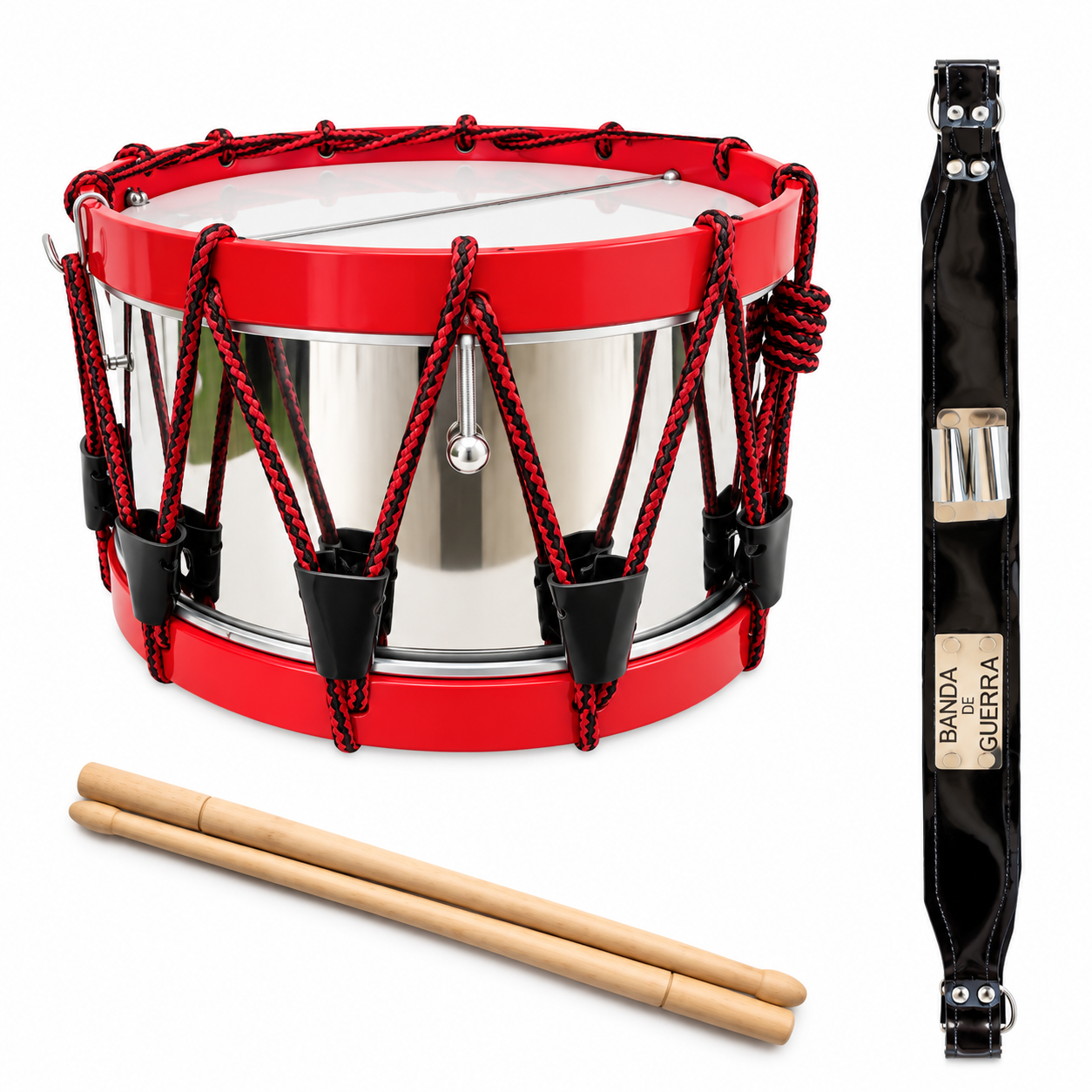 TAMBOR KINDER AROS DE PLASTICO ROJO VASO DE ACERO PORTACAJA DE CHAROL NEGRO